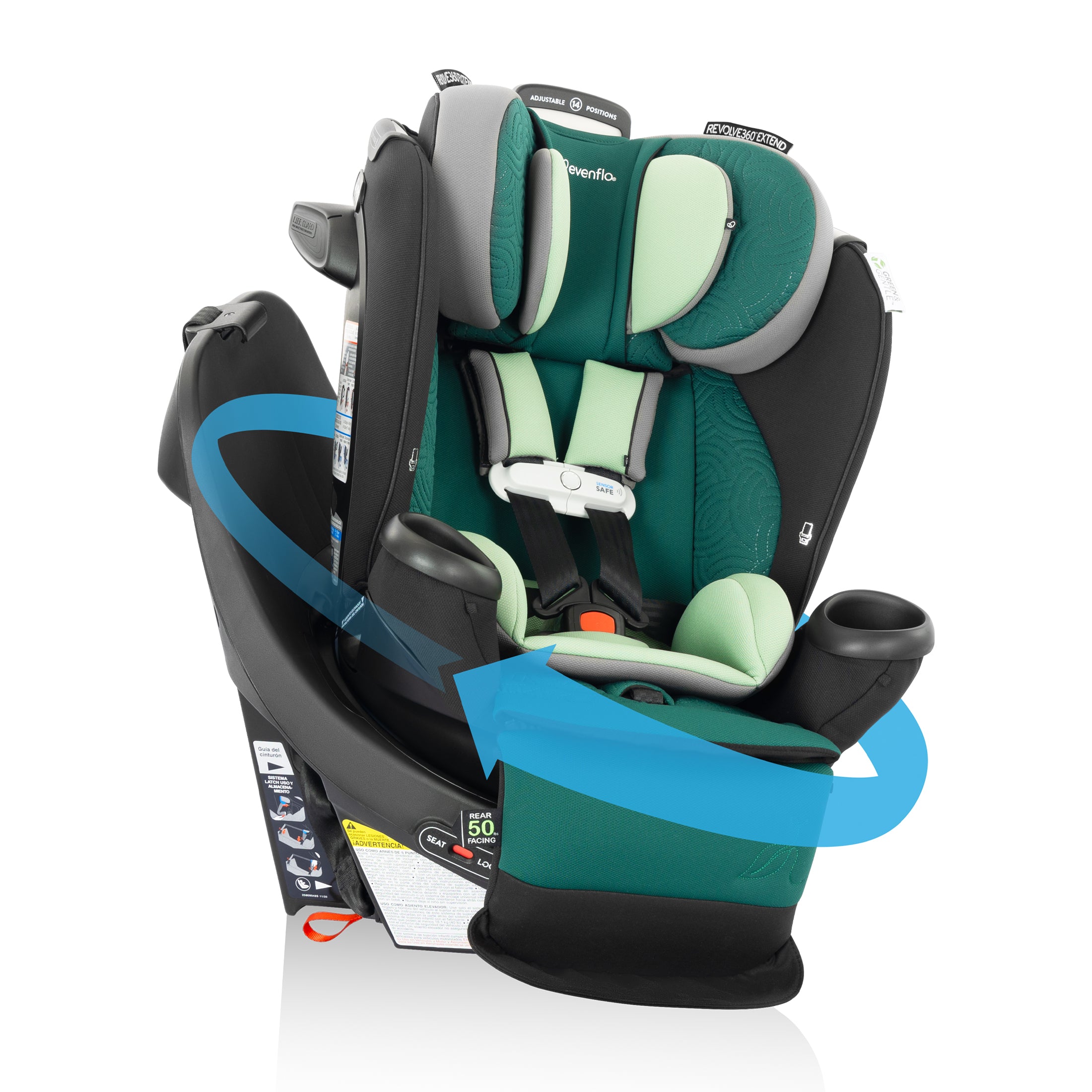 Revolve360 Extend All-in-One Rotating Car Seat with Green & Gentle Fabric - Emerald